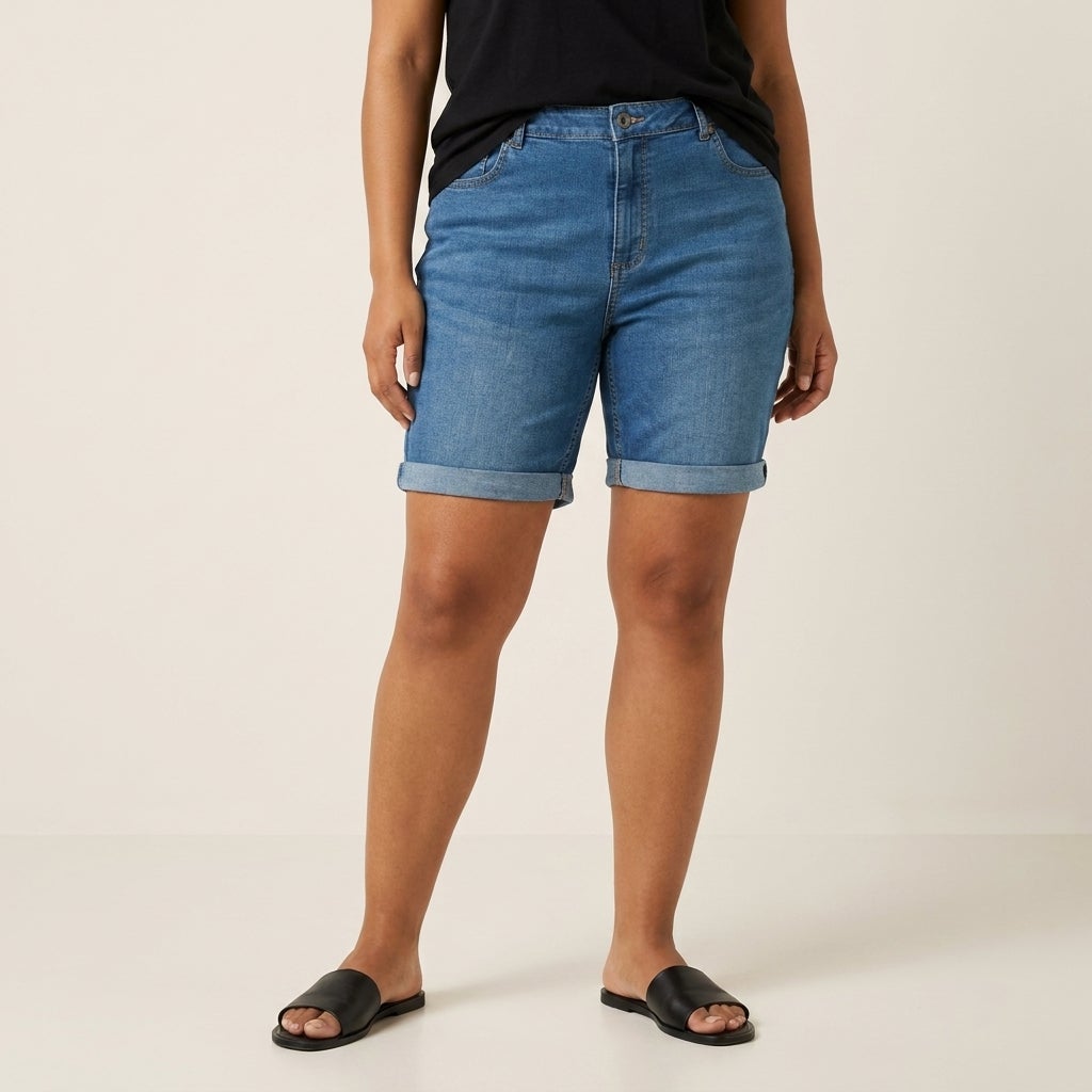 Mid-Rise Stretch Denim Bermuda Shorts image number 0