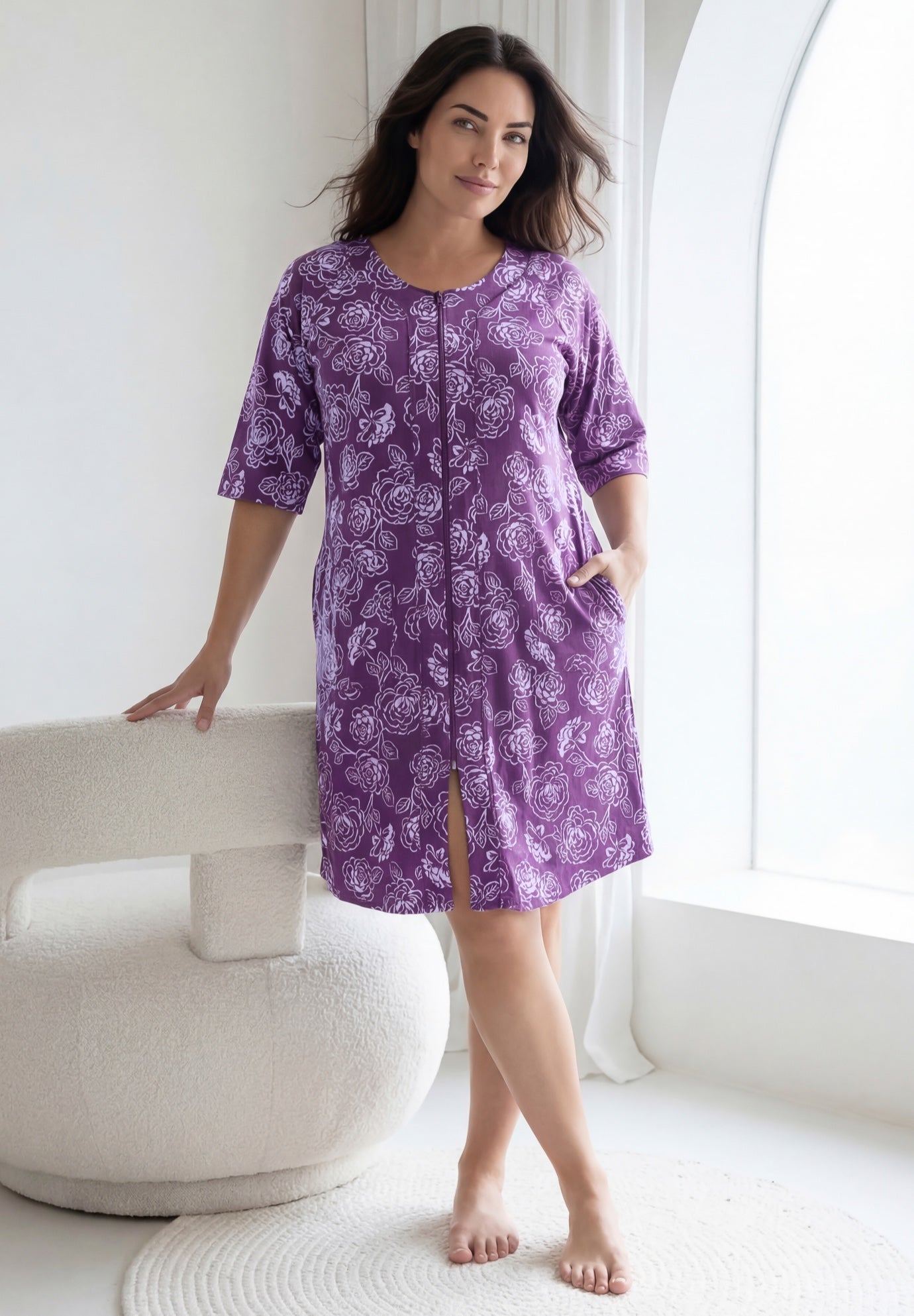Short French Terry Zip-Front Robe image number 6