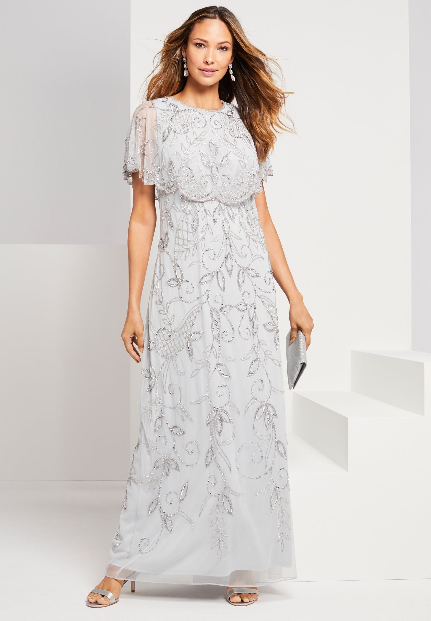 Plus Size Beaded Capelet Maxi Gown &ndash; Glam Evening Dress image number 1