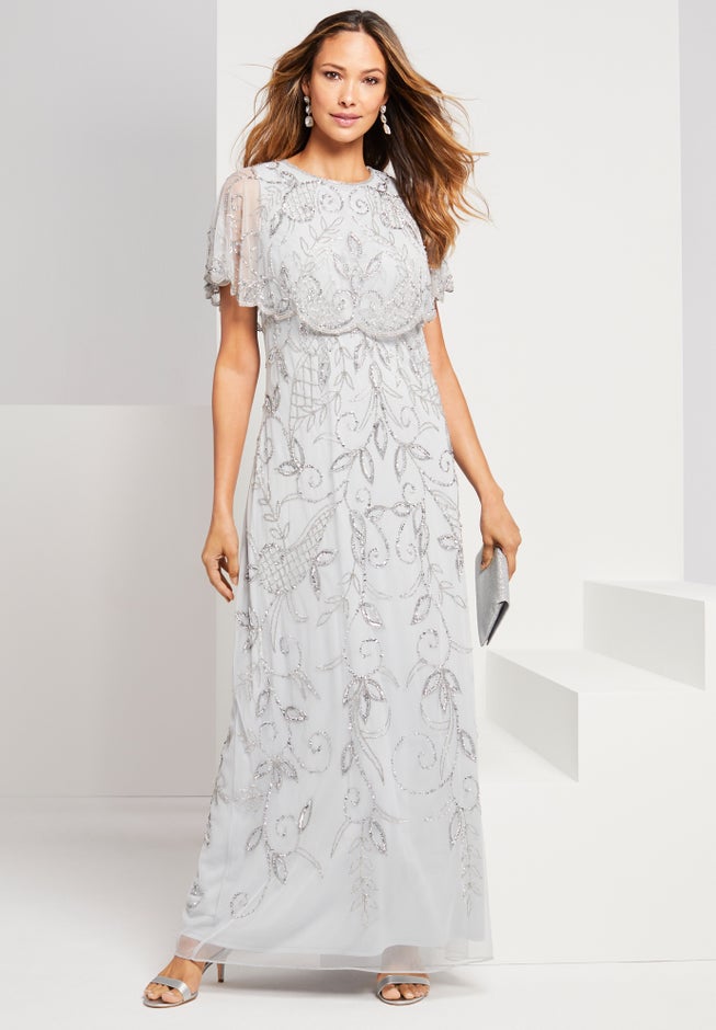 Plus Size Beaded Capelet Maxi Gown &ndash; Glam Evening Dress image number 1