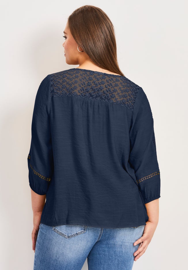 Embroidered Lace Detail Peasant Blouse image number 2