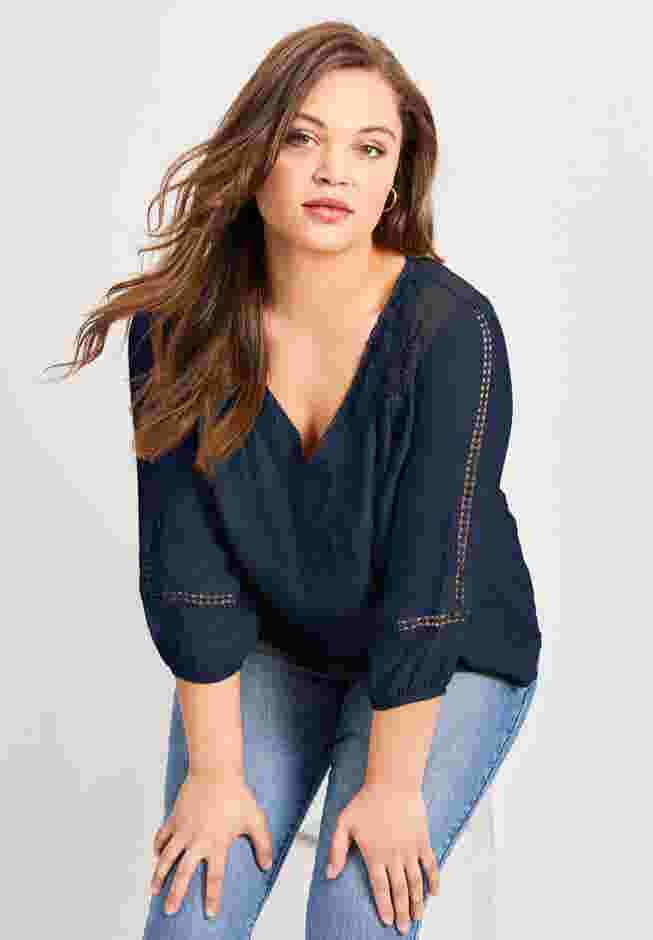 Embroidered Lace Detail Peasant Blouse image number 1