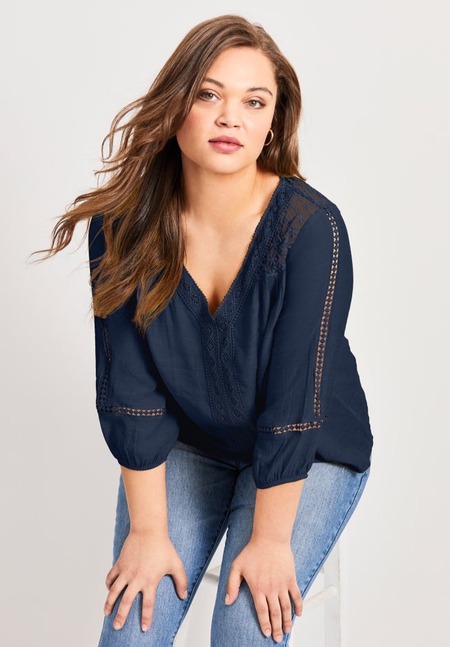 Embroidered Lace Detail Peasant Blouse image number 1