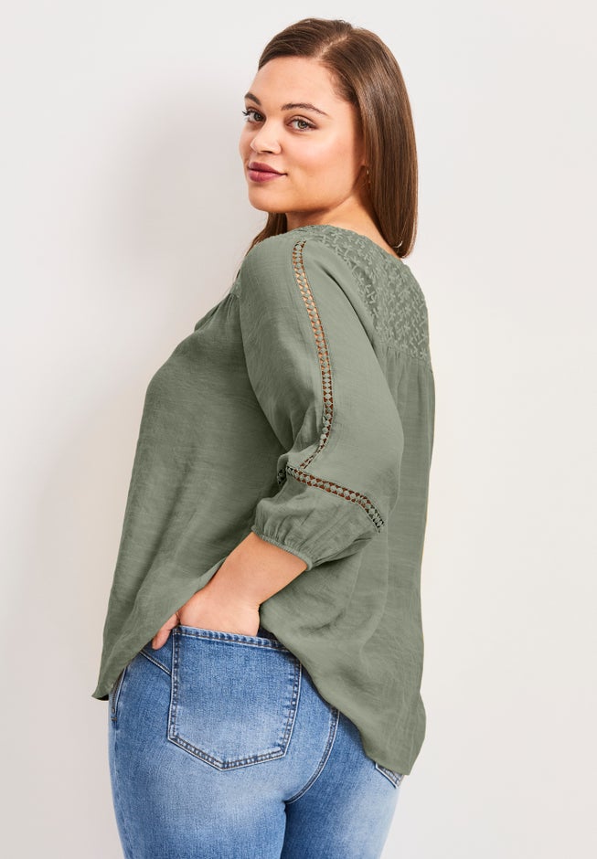 Embroidered Lace Detail Peasant Blouse image number 2