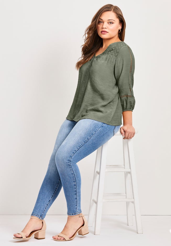 Embroidered Lace Detail Peasant Blouse image number 1