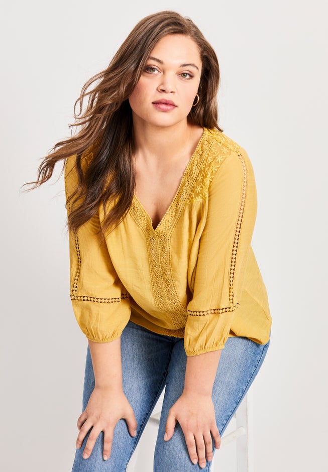 Embroidered Lace Detail Peasant Blouse image number 3