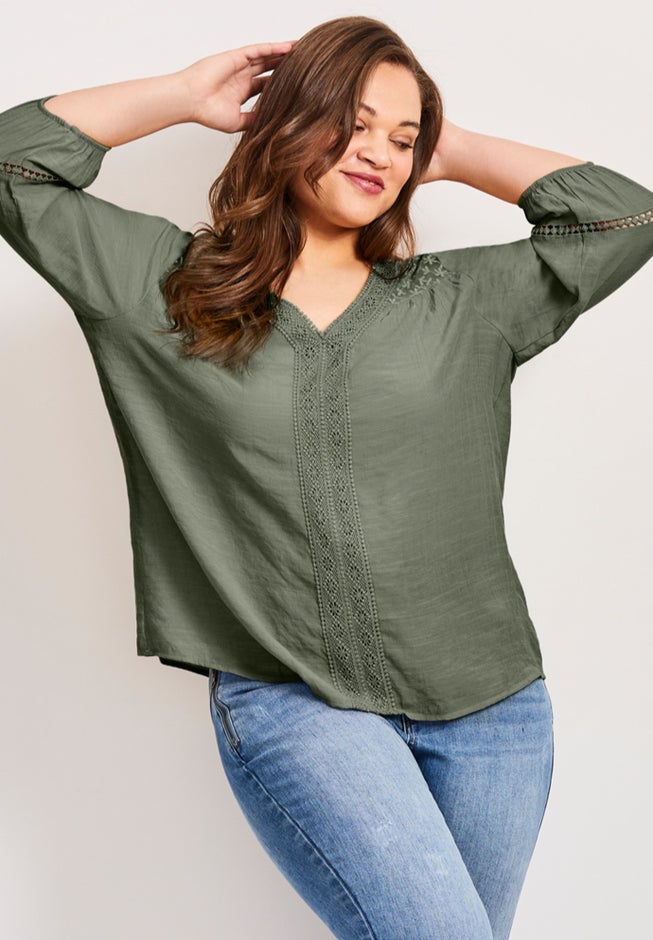 Embroidered Lace Detail Peasant Blouse image number 0