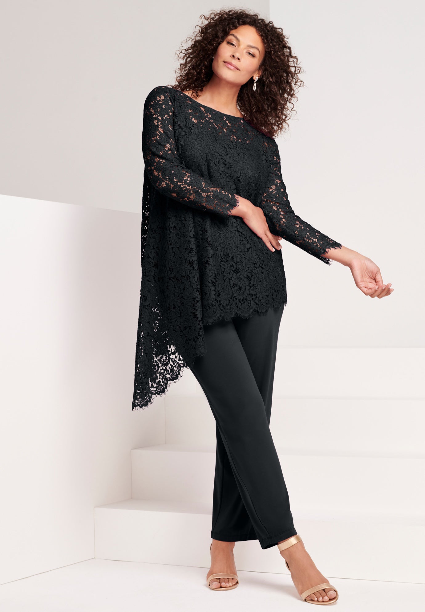 Plus-Size Asymmetrical Lace Pant Set &ndash;Long Sleeve Lace Scalloped Tunic & Elastic Waist Pants image number 5