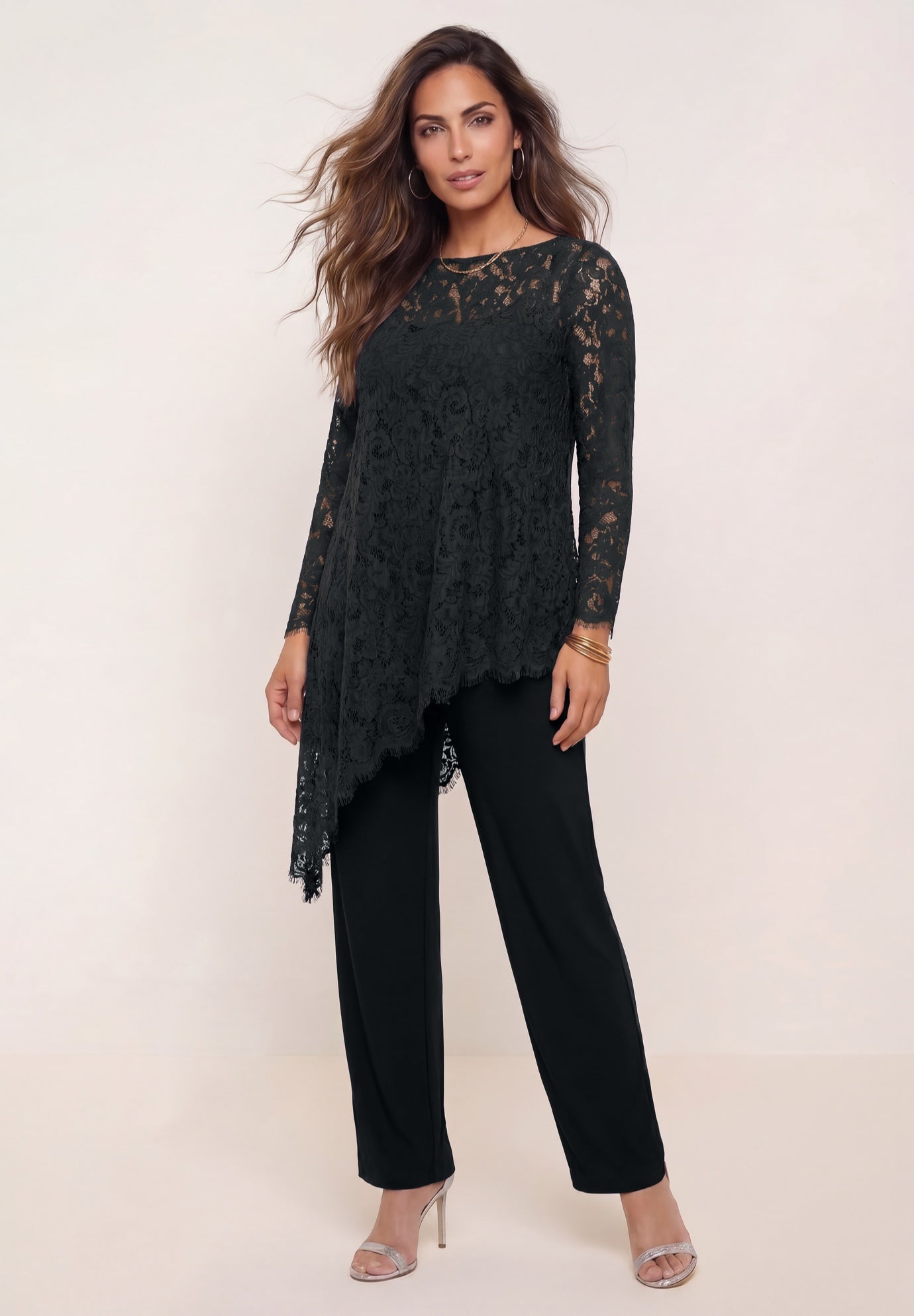 Plus-Size Asymmetrical Lace Pant Set &ndash;Long Sleeve Lace Scalloped Tunic & Elastic Waist Pants image number 0