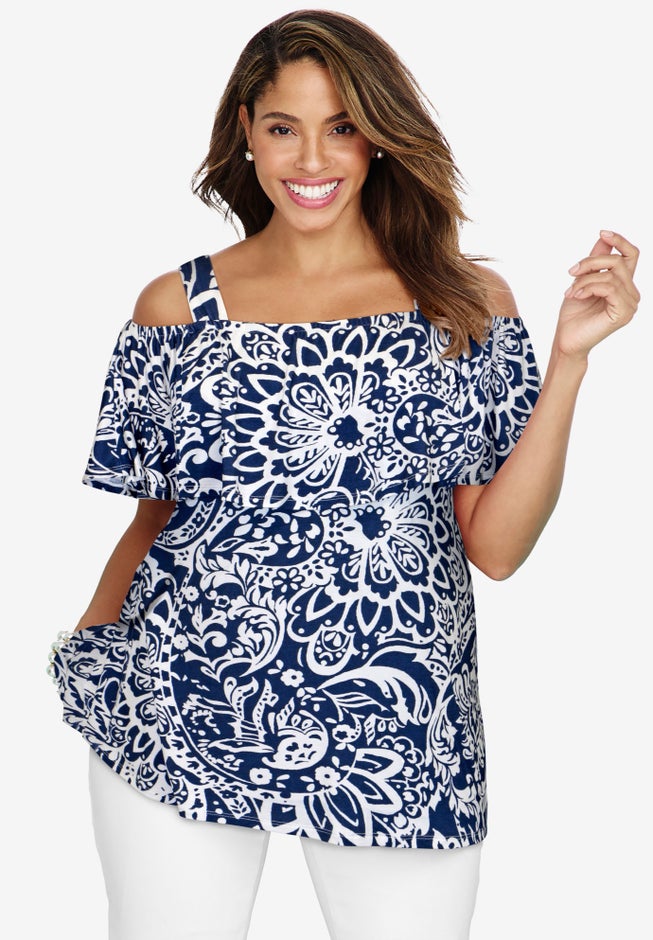 Stretch Knit Cold Shoulder Ruffle Tunic image number 0