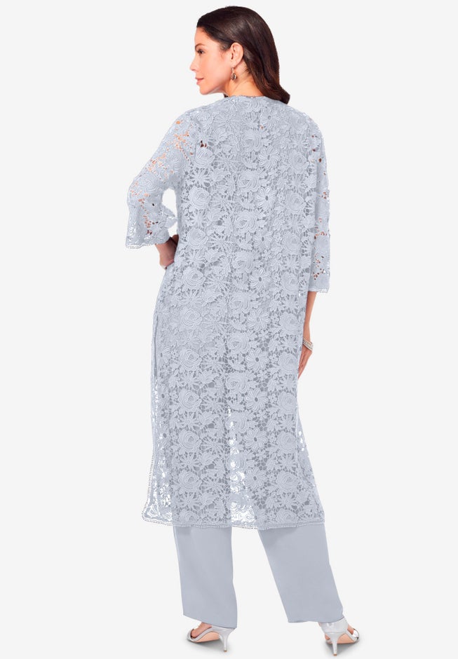 Plus Size 3-Piece Allover Lace Duster Pant Set &ndash; Formal Wear image number 2