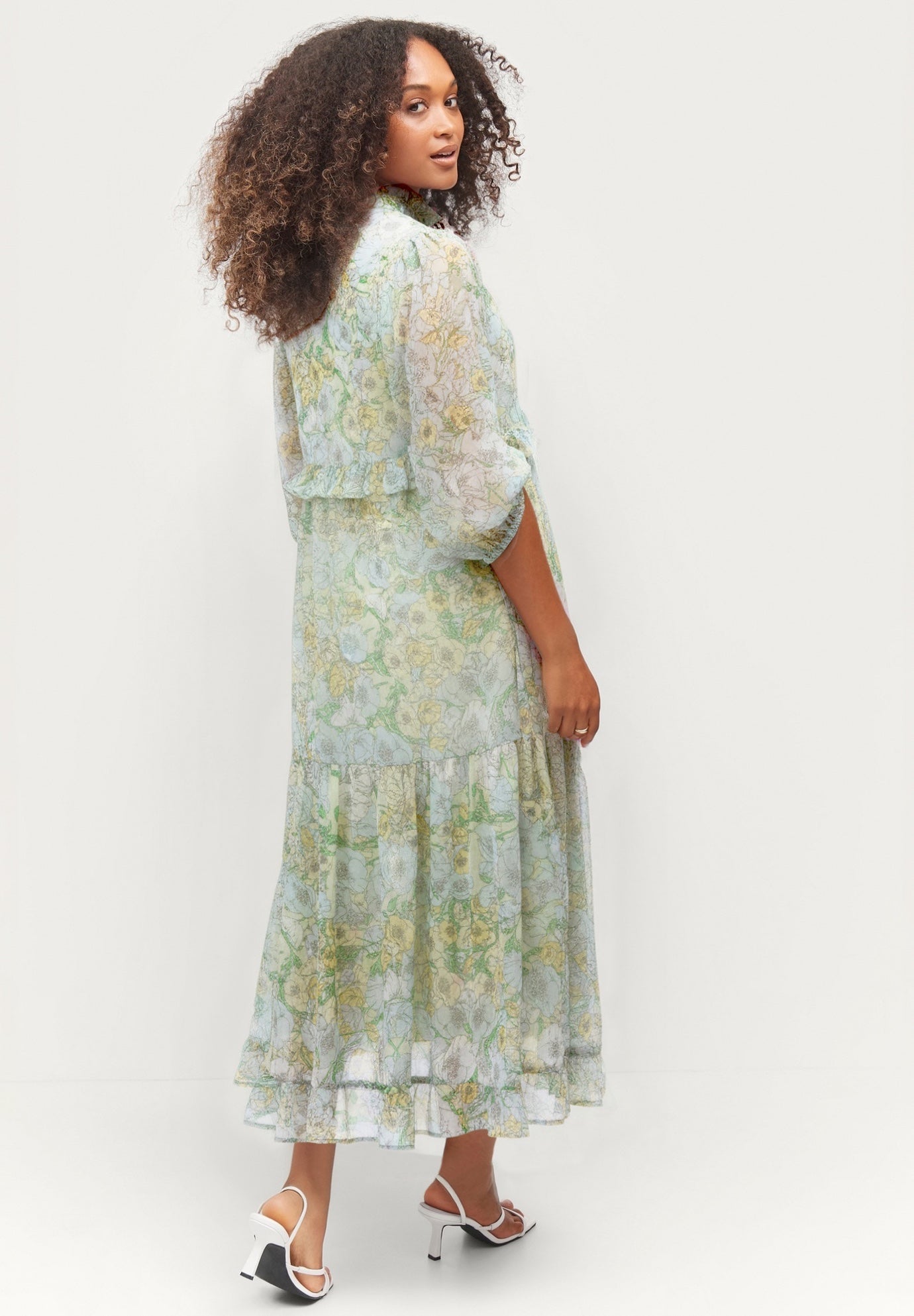 Crinkle Chiffon Ruffle Notch Neck Empire Waist Elbow-Length Sleeve Maxi Dress image number 1