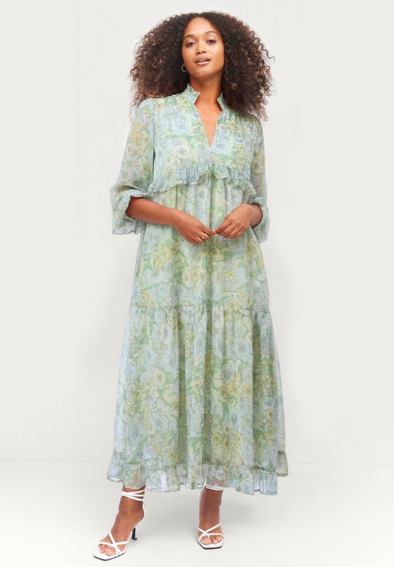 Crinkle Chiffon Ruffle Notch Neck Empire Waist Elbow-Length Sleeve Maxi Dress image number 0