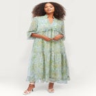 Crinkle Chiffon Ruffle Notch Neck Empire Waist Elbow-Length Sleeve Maxi Dress image number 0