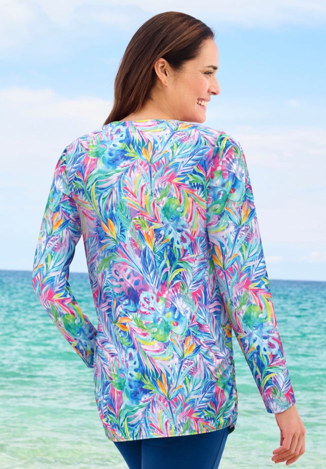 Split-Neck Long Sleeve Swim Tee with Built-In Bra image number 1