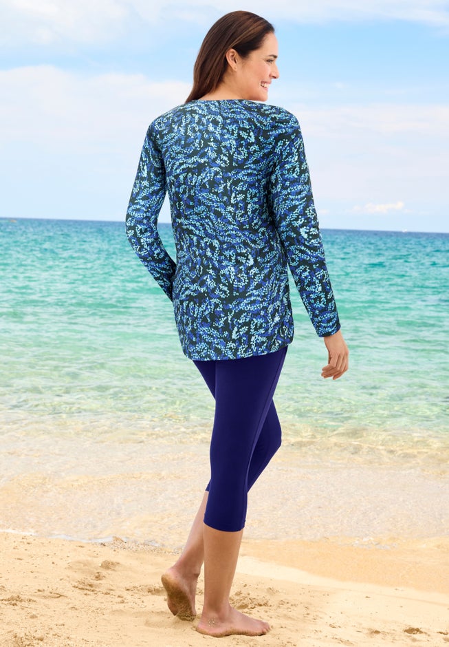 Split-Neck Long Sleeve Swim Tee with Built-In Bra image number 1