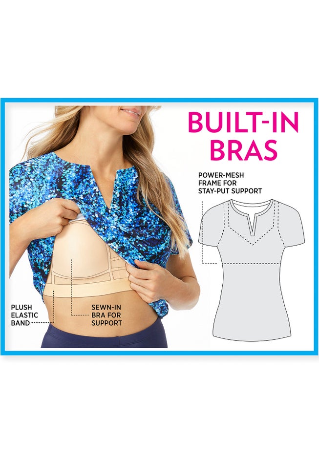 Split-Neck Short Sleeve Swim Tee with Built-In Bra image number null
