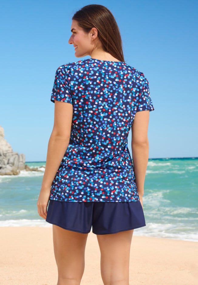Split-Neck Short Sleeve Swim Tee with Built-In Bra image number null