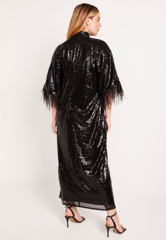 Feather Trim Kimono Sequin Dress image number null