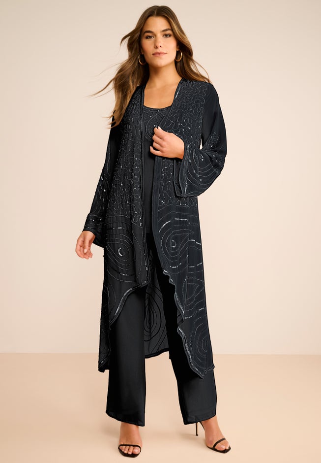 Plus Size Beaded Georgette Scoop Neck 3-Piece Pant Set image number 1