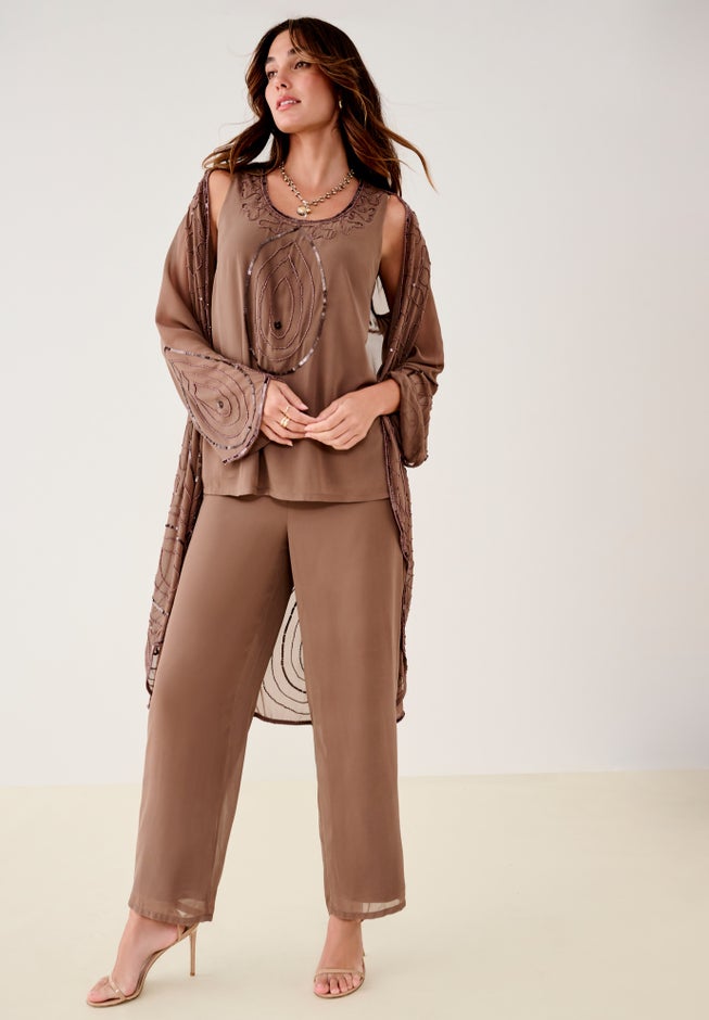 Plus Size Beaded Georgette Scoop Neck 3-Piece Pant Set image number 6