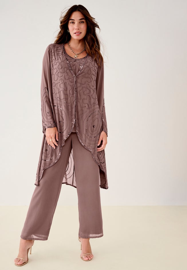 Plus Size Beaded Georgette Scoop Neck 3-Piece Pant Set image number 7