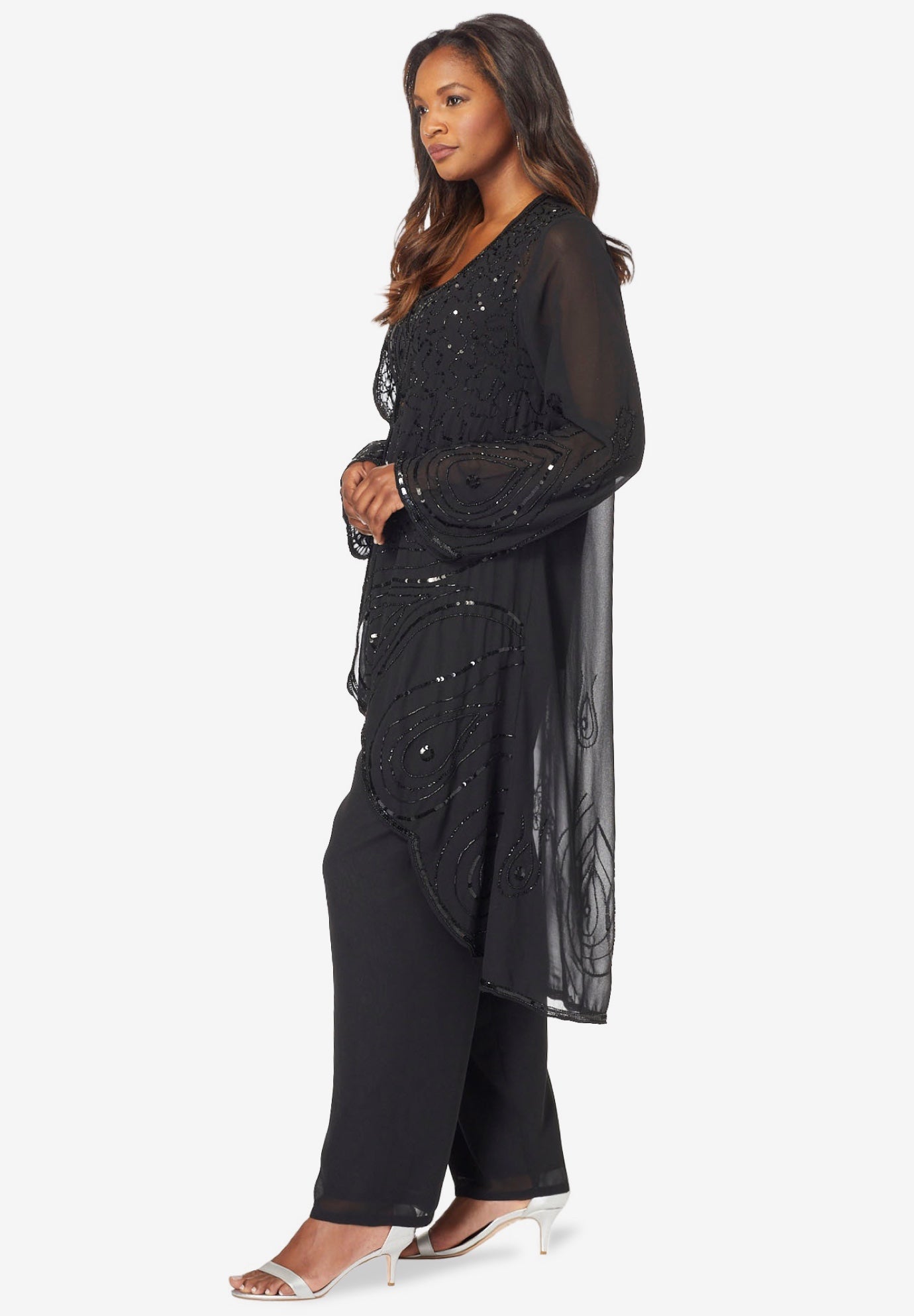 Plus Size Beaded Georgette Scoop Neck 3-Piece Pant Set image number 4