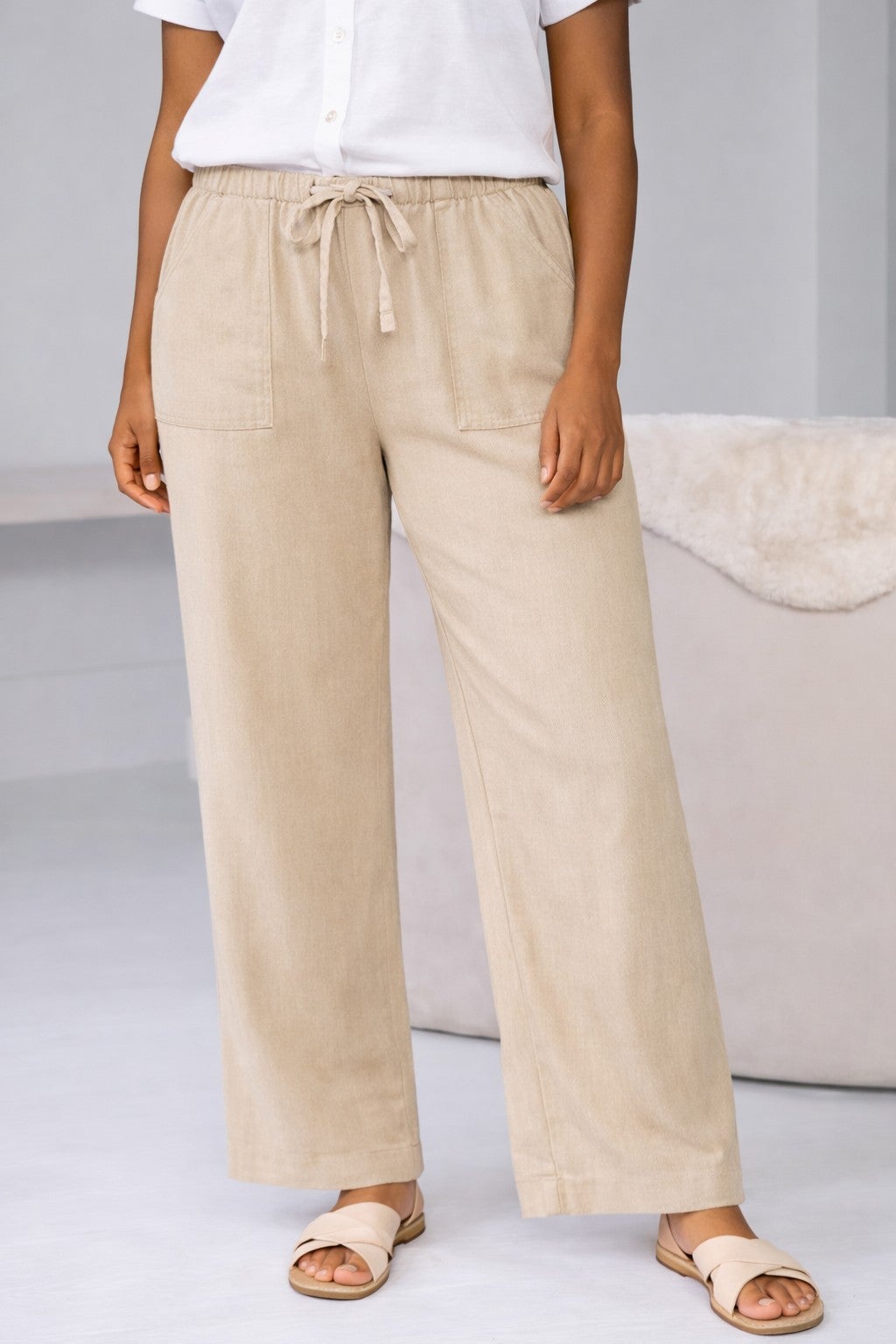 Linen-Blend Elastic Waist Drawstring Relaxed Pant image number 0