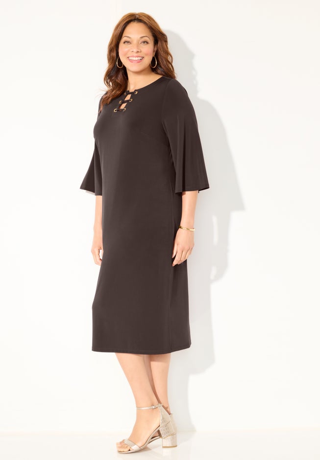 Bell-Sleeve Lace-Up Shift Dress image number 3