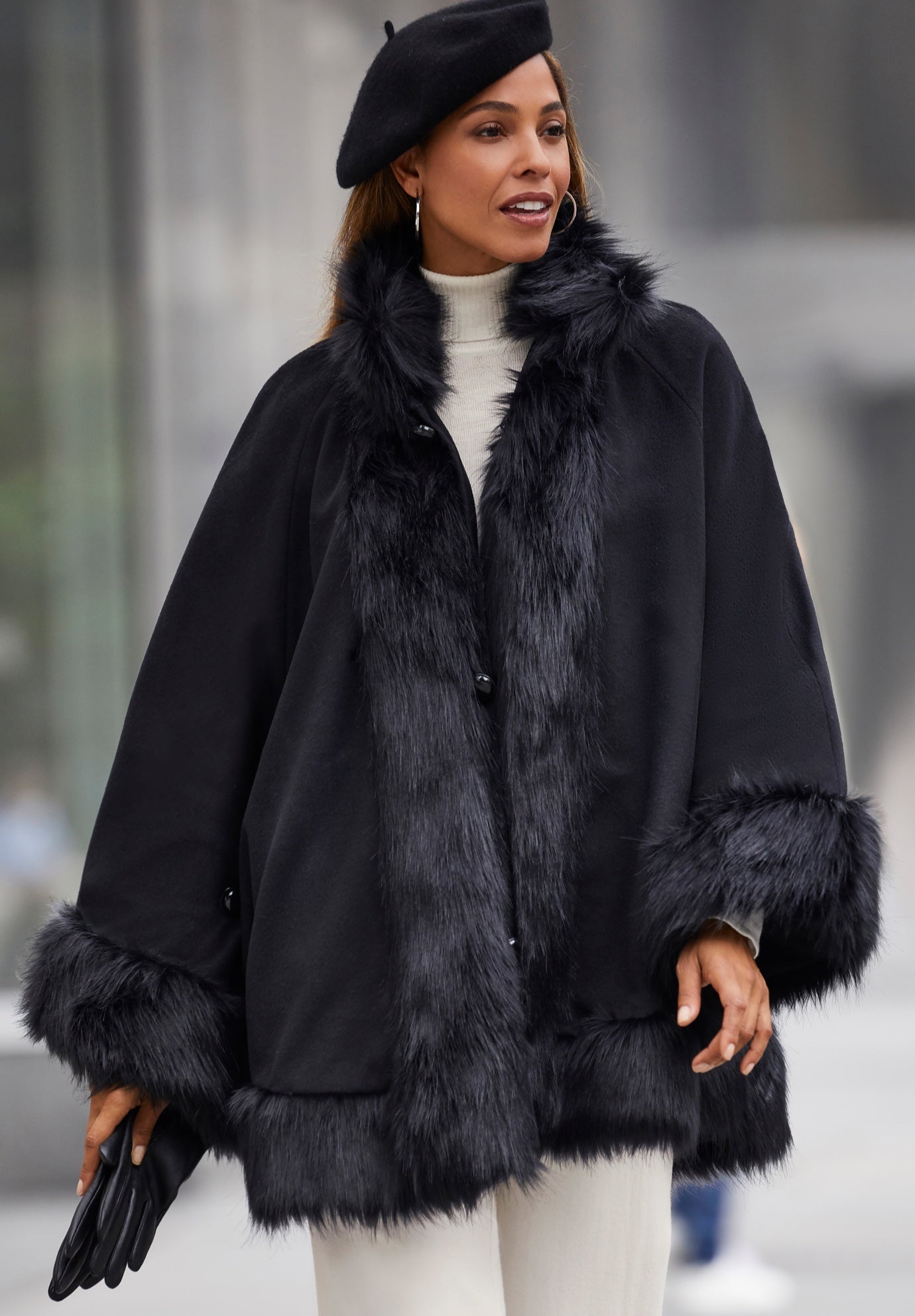 Faux Fur Trim Wool Cape image number 0