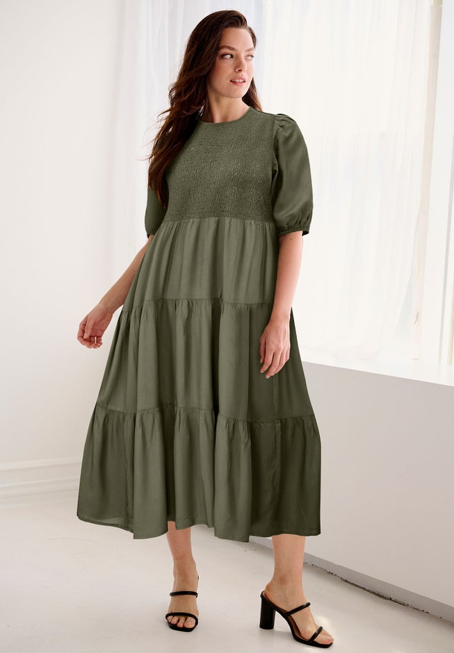 Short Sleeve Smocked Bodice Midi Dress | Avenue