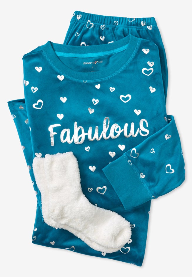 Dreams & Co. ® Velour Pajama with FREE Fuzzy Socks image number 3