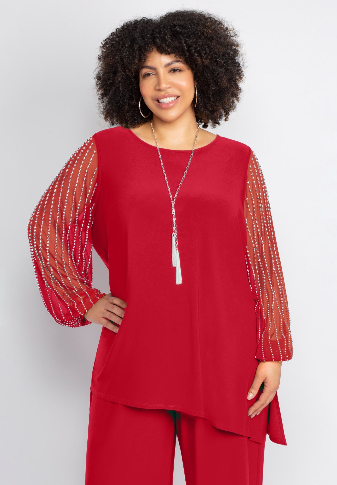 2-Piece Beaded Mesh Sleeve Pant Suit image number 2