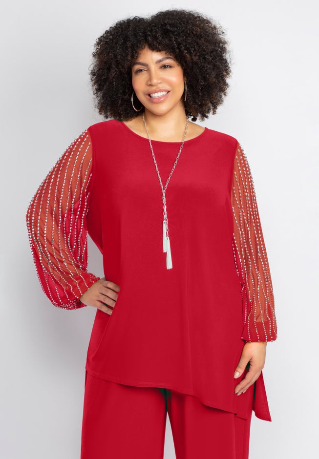 2-Piece Beaded Mesh Sleeve Pant Suit image number 2