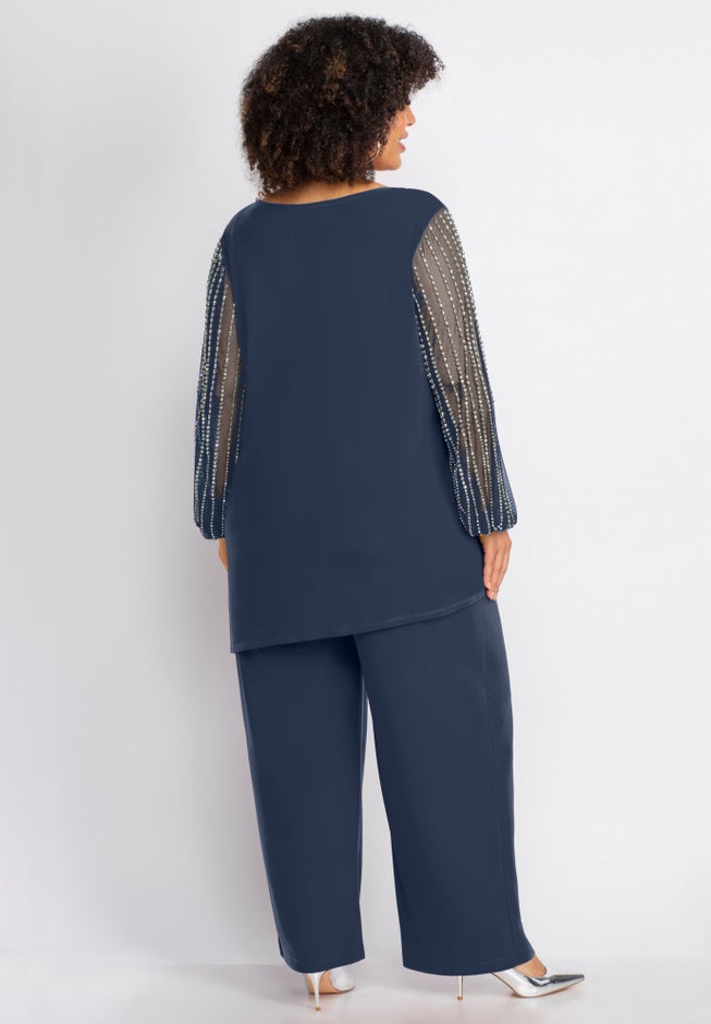 2-Piece Beaded Mesh Sleeve Pant Suit image number 2