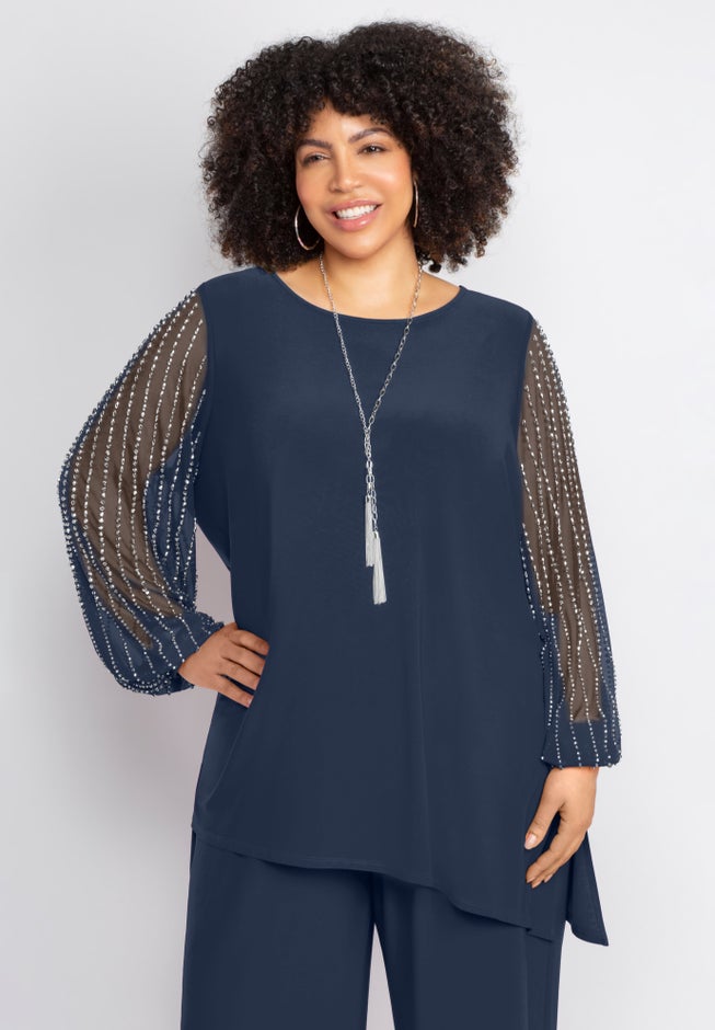 2-Piece Beaded Mesh Sleeve Pant Suit image number 3