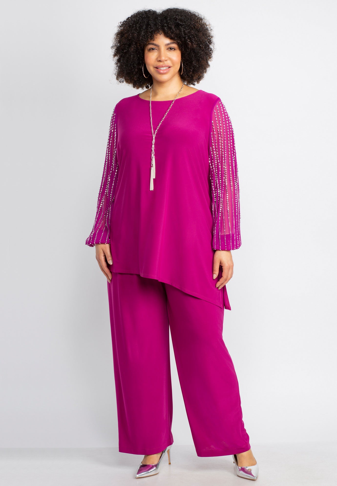2-Piece Beaded Mesh Sleeve Pant Suit image number 0