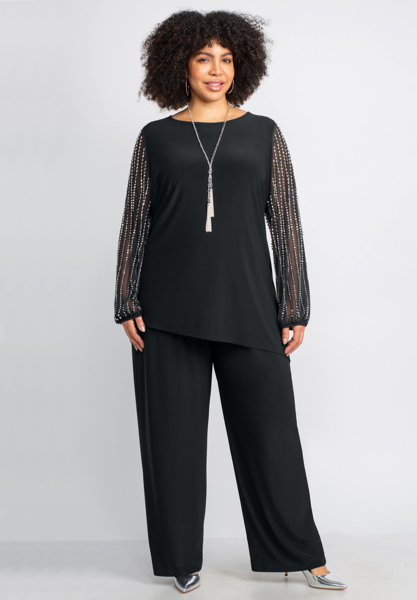 2-Piece Beaded Mesh Sleeve Pant Suit image number 0