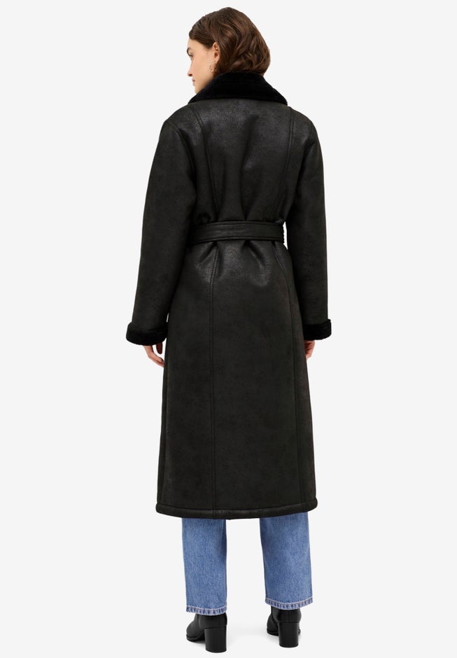 Long Faux Shearling Coat With Belt image number null