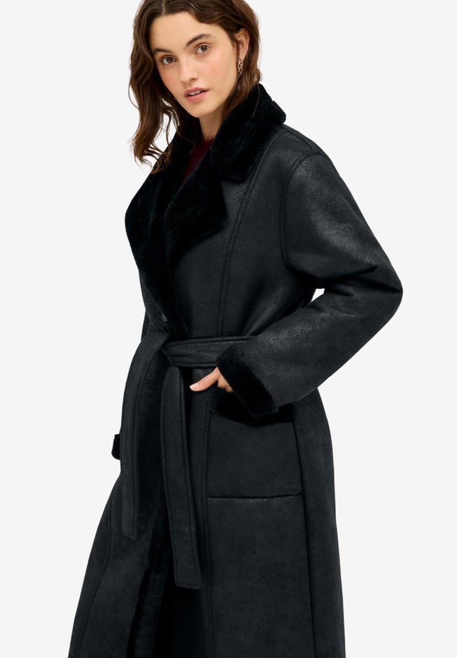 Long Faux Shearling Coat With Belt image number null