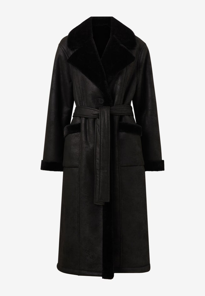 Long Faux Shearling Coat With Belt image number null