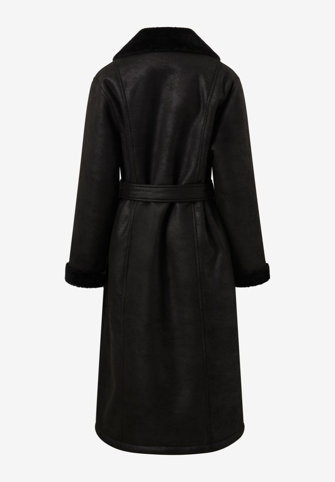 Long Faux Shearling Coat With Belt image number null