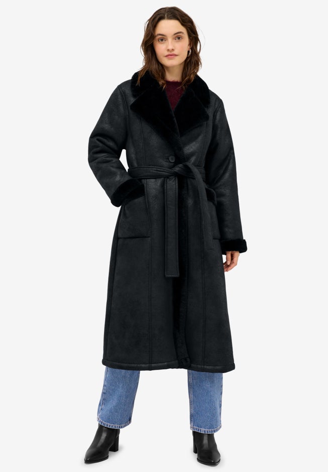 Long Faux Shearling Coat With Belt image number null