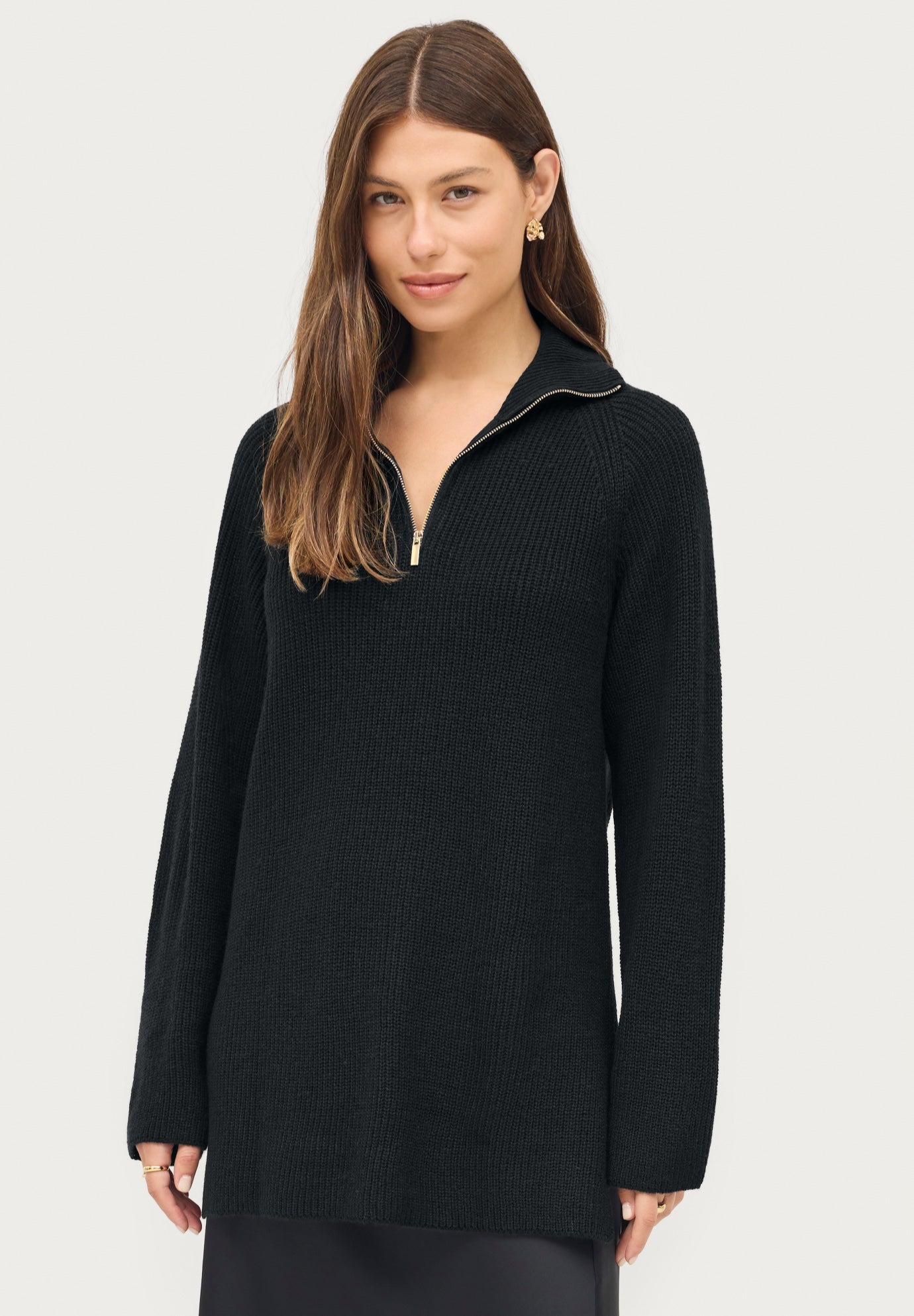 &frac14; Zip Sweater Tunic With Side Slits image number 0