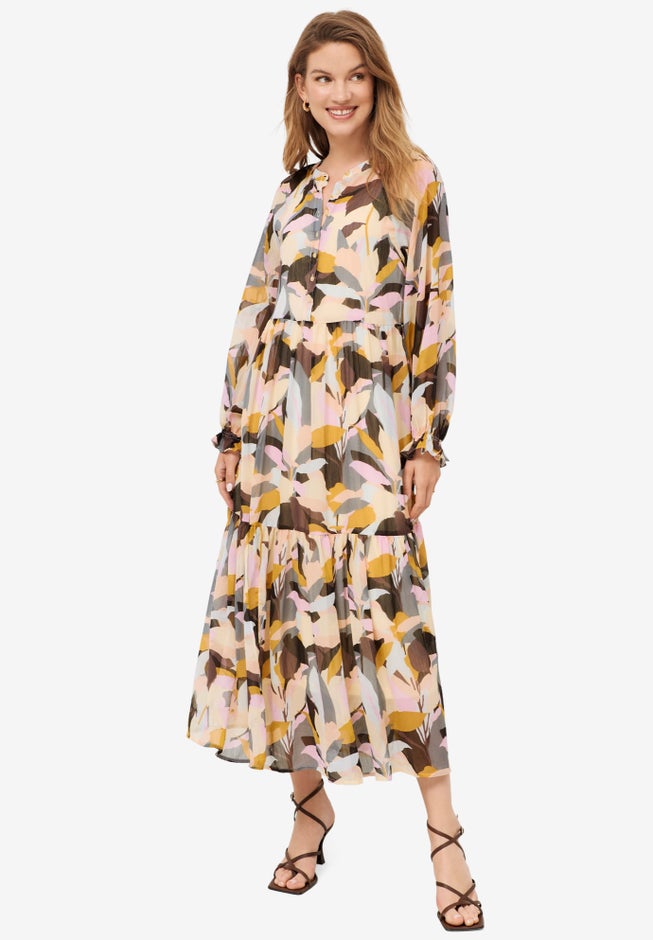Henley Sheer Tiered Maxi Dress image number null