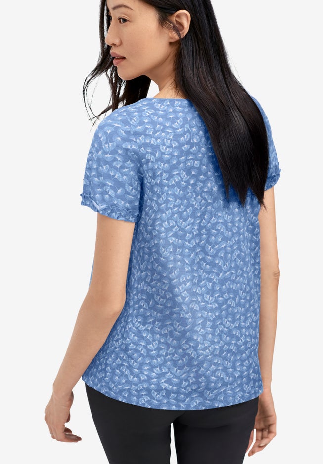 100% Cotton Slub Self-Tie Keyhole Neckline Short Sleeve Tee image number 1