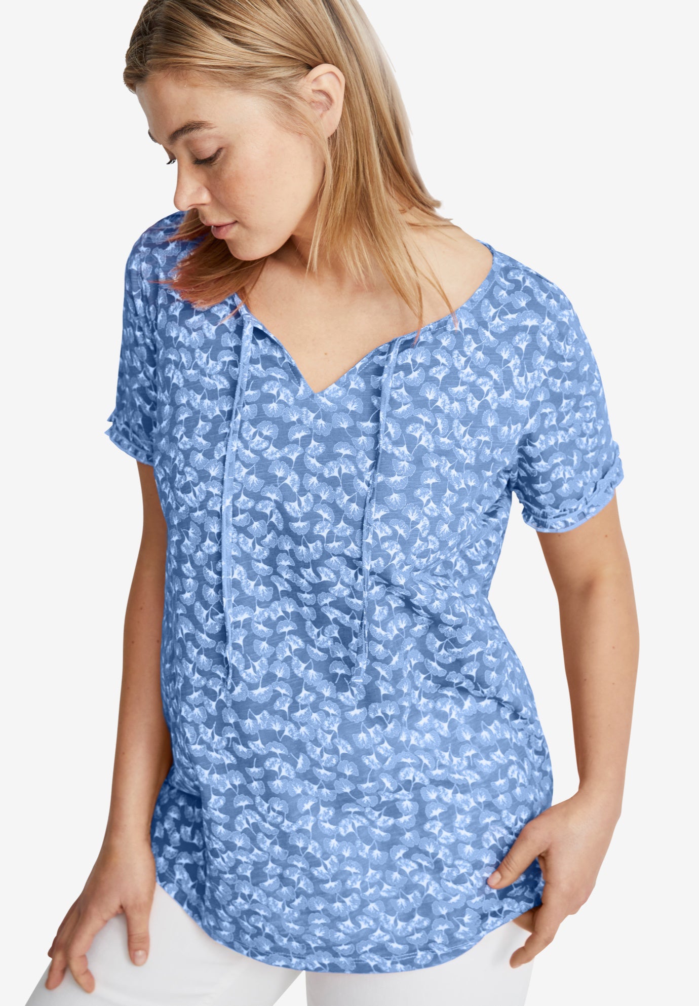 100% Cotton Slub Self-Tie Keyhole Neckline Short Sleeve Tee image number 0