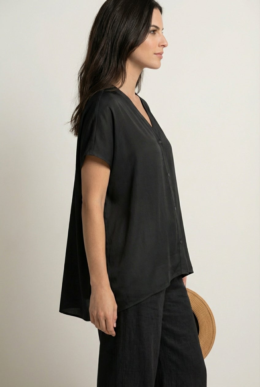 Linen-Blend V-Neck Button-Front Dolman Sleeve Oversized Tunic image number 1