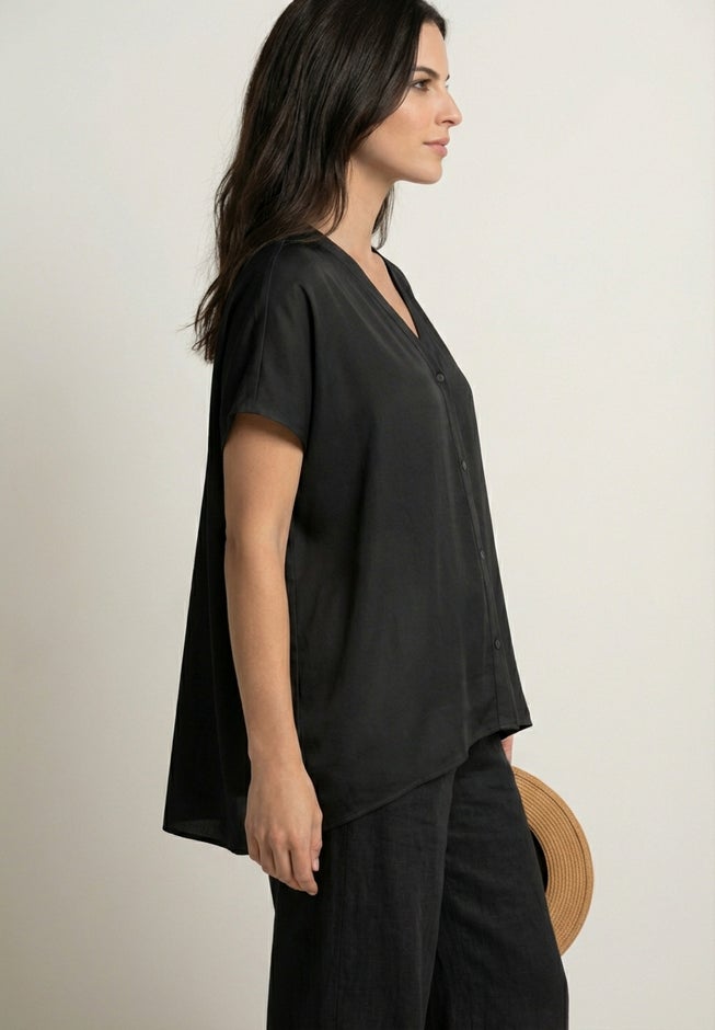 Linen-Blend V-Neck Button-Front Dolman Sleeve Oversized Tunic image number 1