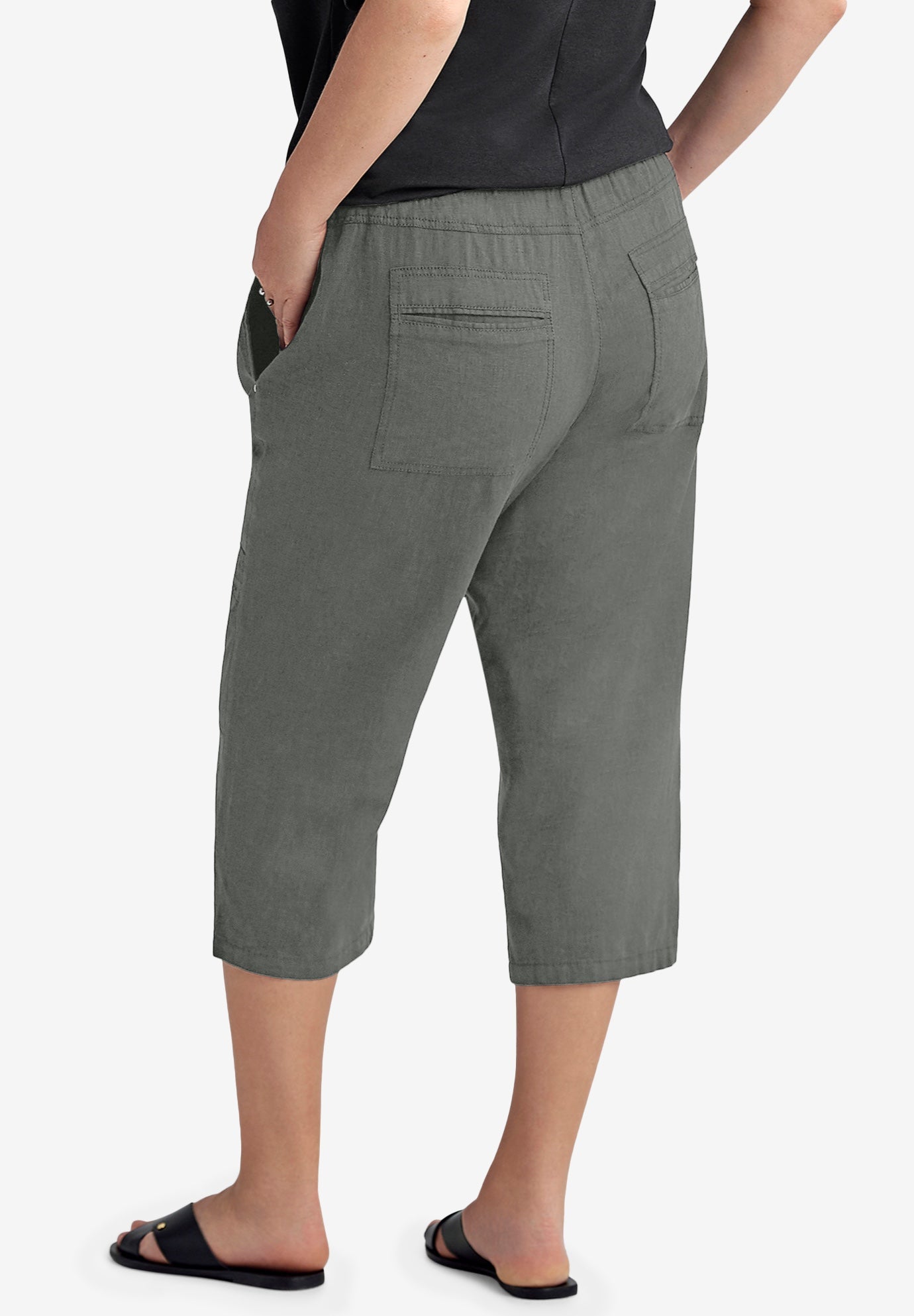Linen-Blend Mid-Rise Ribbed Elastic Waist Straight-Leg Capris image number 1